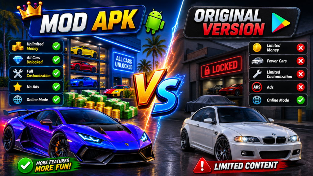 Comparison between Car Parking Multiplayer Mod APK and the original version