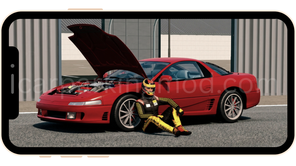 Player character sitting next to a red sports car with the hood open in Car Parking Multiplayer