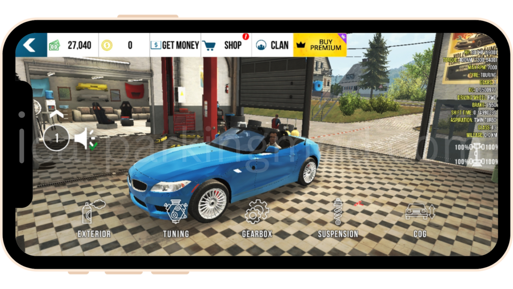 Character customization menu in Car Parking Multiplayer with various clothing presets