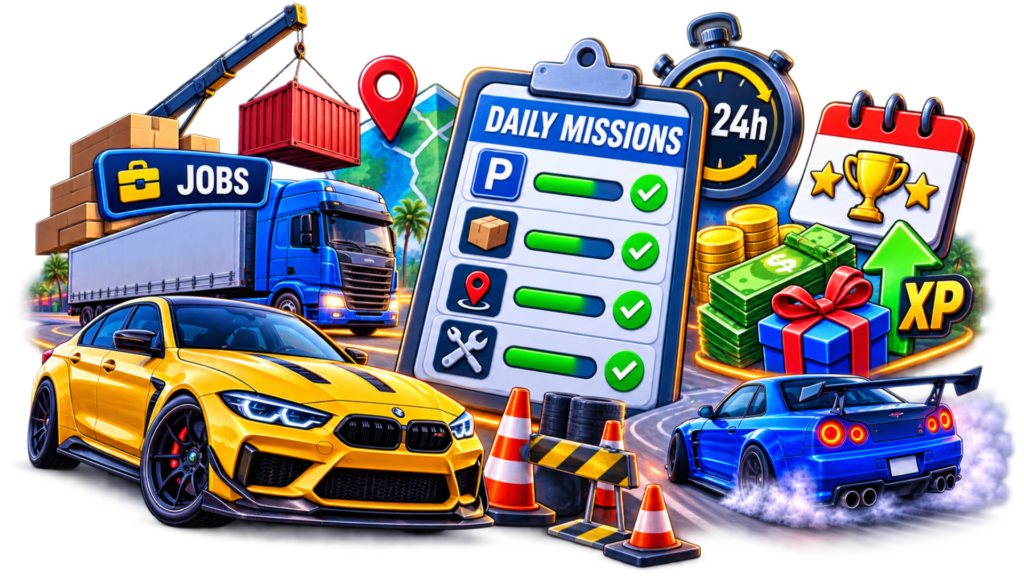 Car Parking Multiplayer daily missions, delivery jobs, rewards and XP