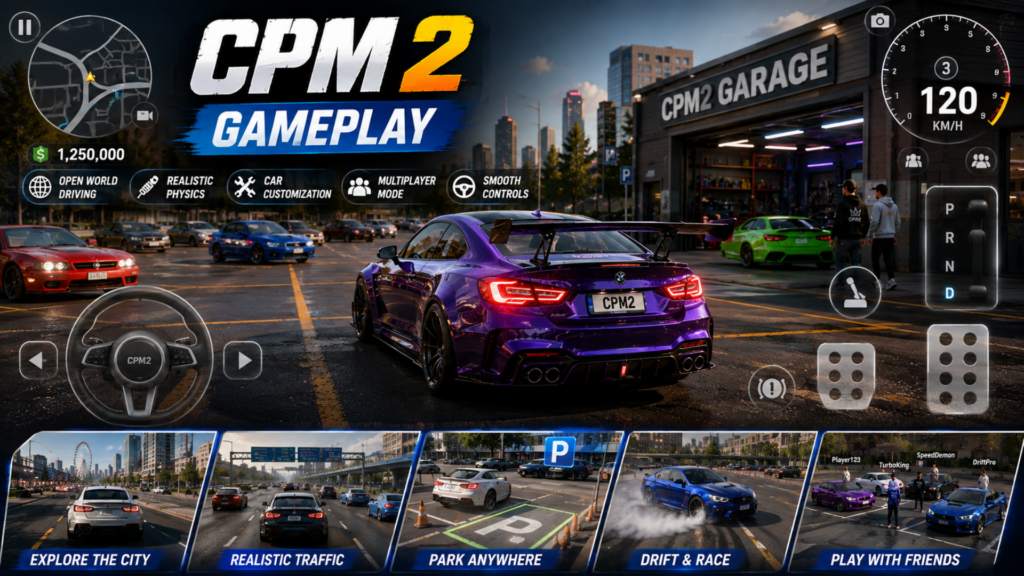 Car Parking Multiplayer 2 gameplay featuring open world driving, realistic physics, car customization, multiplayer, drifting, racing, and city exploration