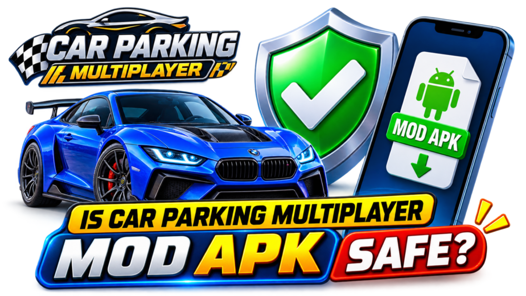 Car Parking Multiplayer Mod APK safety illustration with verified shield and Android download