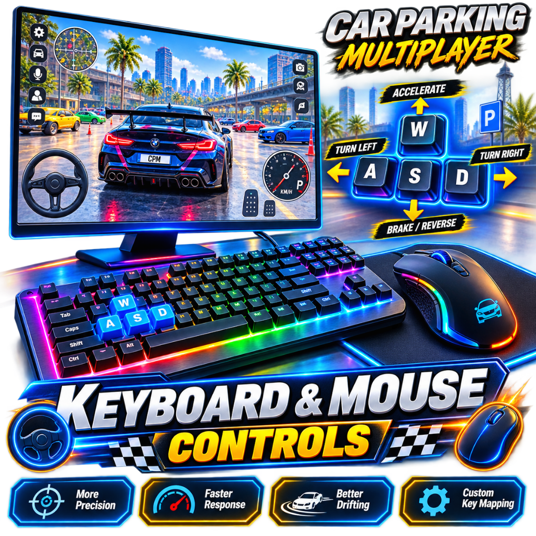 Using keyboard and mouse controls for precise driving in Car Parking Multiplayer