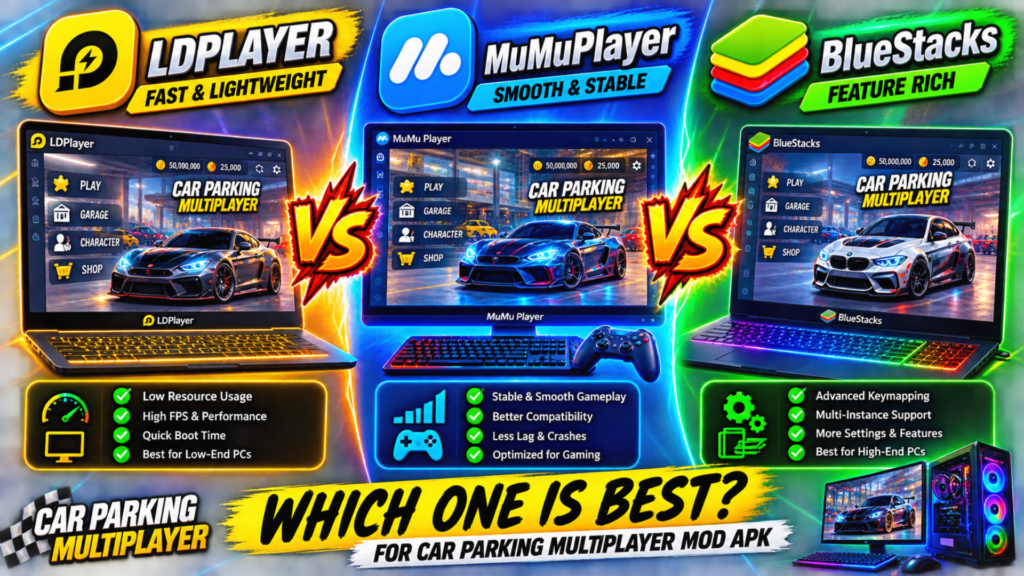 Comparison of the best emulators for Car Parking Multiplayer Mod APK