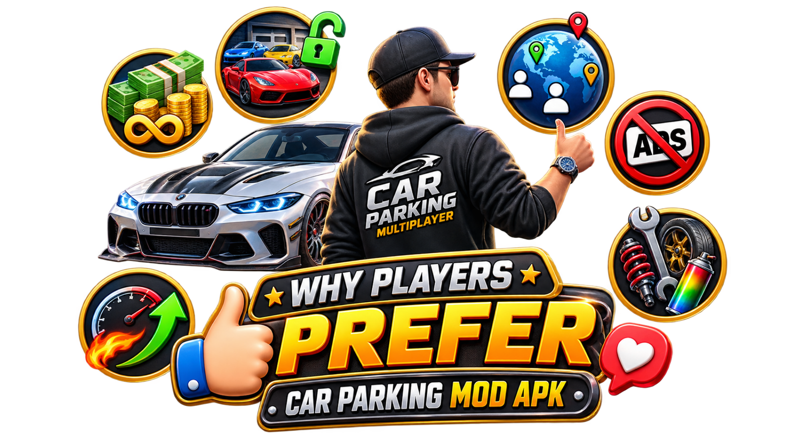 Car Parking Multiplayer Mod APK benefits including unlimited money, unlocked cars, multiplayer and no ads