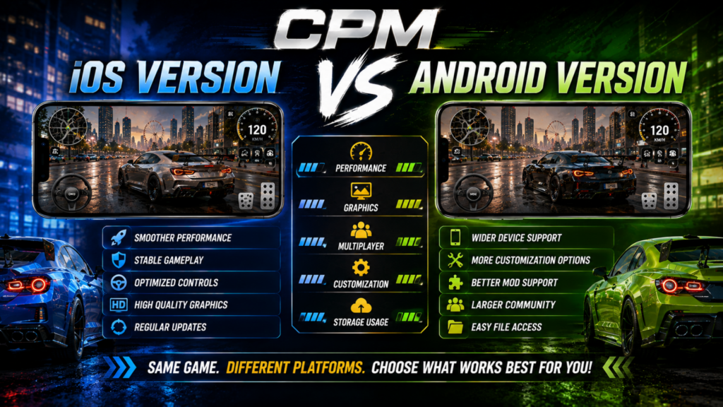 Comparison of Car Parking Multiplayer on iOS and Android, showing gameplay, performance, graphics, controls, customization, and platform differences